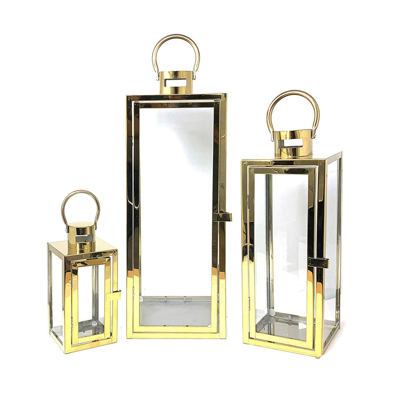 Floor Lantern Set of 3 Candle Holder Stainless Steel Gold