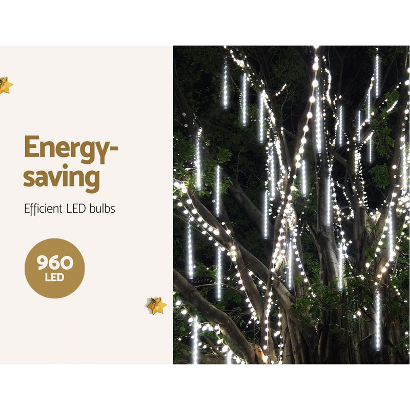 Jingle Jollys 12m Christmas Shower Lights 960 LED Icicle Falling Rain Meteor