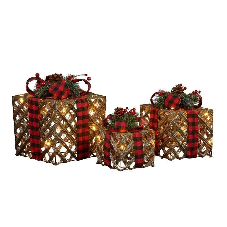 Luxury Rattan Gingham Christmas Gift Box Set/3 LED 25cm
